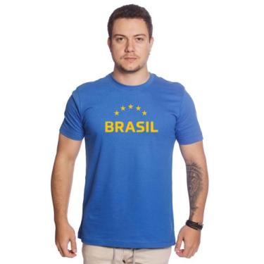 Imagem de Camiseta Masculina Brasil Amarela TechMalhas basica 100% Algodão, Azul