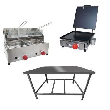 Imagem de Kit Lanchonete Mesa De Manipulação 100x55cm + Fritadeira A Gás 2 Cuba + Chapa A Gás 30cm Alcamar