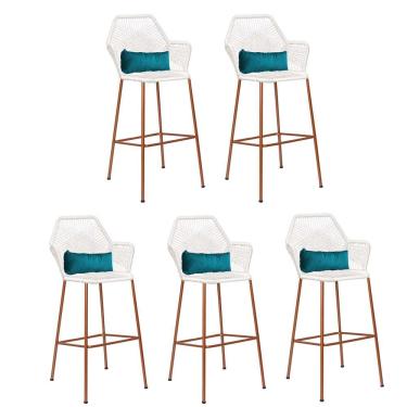 Imagem de Kit 05 Banqueta Alta Com Encosto Sttar Ferro Bronze Fibra Branco Almofada Suede Azul Turquesa