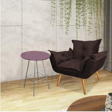 Imagem de Kit Poltrona Opala Com Mesa Juan Eiffel Ferro Cinza Tampo Redondo Rose Corino Marrom - Amey Decor