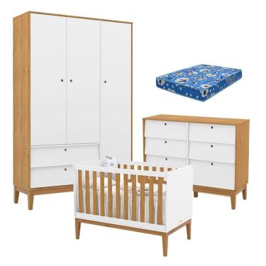 Imagem de Quarto De Bebe Unique 3 Portas Com Cômoda 6 Gavetas Branco Soft Freijó Eco Wood E Colchão Ortobom - Matic