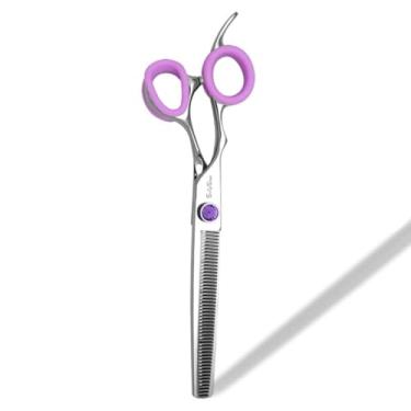 Imagem de Esquerda 7,5 "tesoura profissional de cuidado de cães, taxa de diluição de 35%, com alça offset e parafuso joiado, VG10 aço afiado, tesouras de gatos para cuidador de animais de estimação, roxo