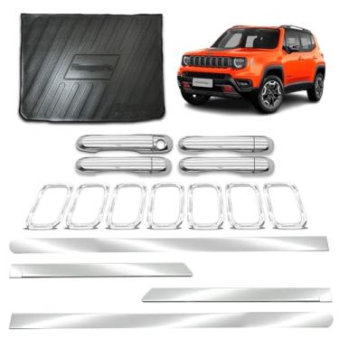 Imagem de Aplique Maçaneta 4 Portas Bandeja Protetora de Porta-Malas Grade Dianteira + Friso Lateral Largo Adaptável para Renegade 2022 2023 2024 Kit Cromado