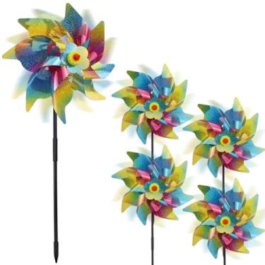 Imagem de NAIHOD 5 Peças De Moinho Vento Com Listras Arco-Íris, Laser Octogonal Colorido, Repelente Pássaros, Decoração Para Parque, Espantalho Brilhante Quintal E Fazenda