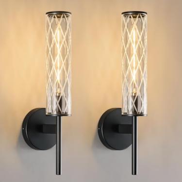 Imagem de BBLLWJ Conjunto De Arandelas Parede Pretas Com Dois Tubos Vidro Xadrez, Iluminação Moderna Para Banheiro, Penteadeira Interna, Lâmpada Quarto, Sala Estar, Escada