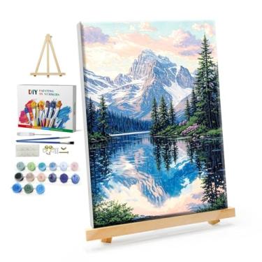 Imagem de YOYA Kit de pintura emoldurada por números para adultos - kits de pintura por números para adultos montanha em tela com cavalete, pintura DIY Mountain Lake por número tela emoldurada para decoração de