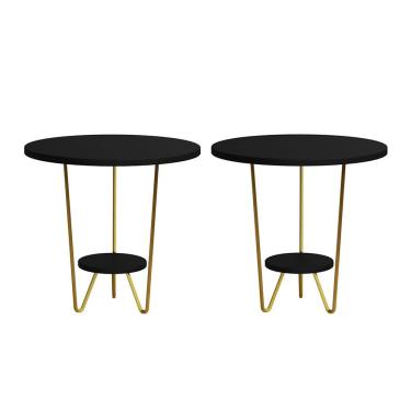 Imagem de Kit 2 Mesas Laterais Redonda Industrial Italy Ferro Dourado E Tampo Preto