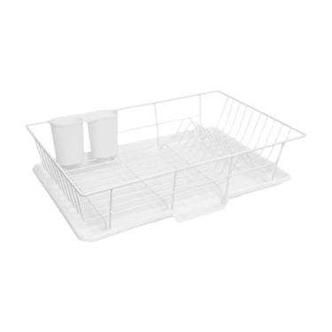 Imagem de Ioensy Escorredor de pratos, escorredor de pratos de camada única com bandeja coletora, de pratos e porta-talheres removível para cozinha, Branco