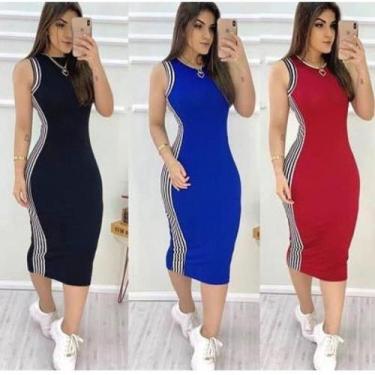 Imagem de Vestido feminino malha canelada midi listra na lateral - Filó Modas, g
