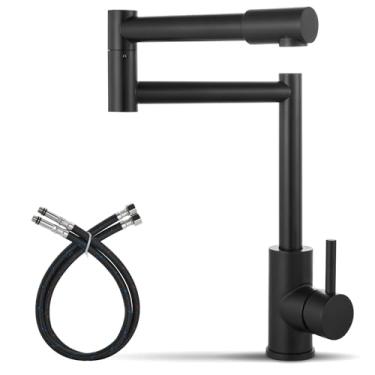 Imagem de Cinwiny Torneira de pia de cozinha comercial com manípulo único e preto fosco para montagem em convés de água quente e fria, articulação dupla, rotação de 360°, retrátil e retrátil, aço inoxidável