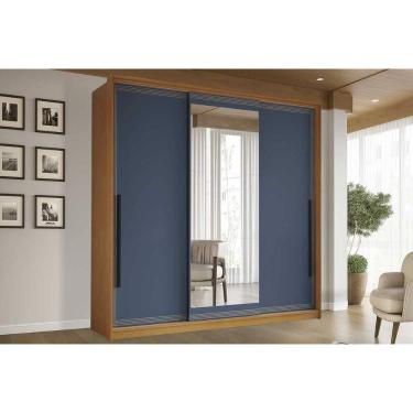 Imagem de Guarda Roupa Casal 3 Portas de Correr (1 c/ espelho) e 4 Gavetas Valência Freijo/Azul - Politorno