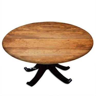 Imagem de Toalha de mesa redonda de madeira, estampa de textura de prancha de madeira, borda elástica, impermeável e limpável, adequada para mesas de jantar, festas de autoatendimento e acampamento, adequada