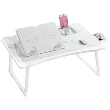 Imagem de Mesa de laptop para cama, suporte ajustável para laptops com 6 ângulos diferentes, bandeja de colo portátil com gaveta de armazenamento e suporte de copo, bandeja de mesa para laptop para comer