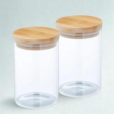 Imagem de 2 Potes de Vidro Hermético com Tampa de Bambu, 800ml, 10cm x 12,5cm, Vidro Borossilicato