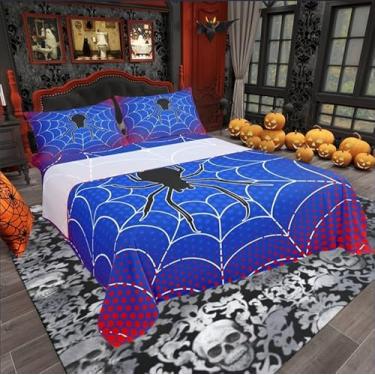 Imagem de Jogo de lençol solteiro com teia de aranha, aracnídeo, aracnídeo, animal, decoração de quarto de meninos, meninas, mulheres, homens, feliz dia das bruxas, vermelho, azul, 3 peças (elástico + 1 fronha)