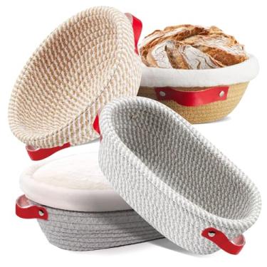 Imagem de Cesta de algodão Banneton à prova de pão, oval e redonda, conjunto de 4 suprimentos para assar pão de fermento com forro e capa de pano, presentes para padeiros