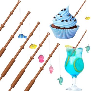 Imagem de Weysat 20 peças de enfeite de cupcake de pesca mini decoração de vara de peixe 3D pequeno pescador palhetas de pesca decorações de festa de aniversário mini palhetas de cupcake para decoração de bolo