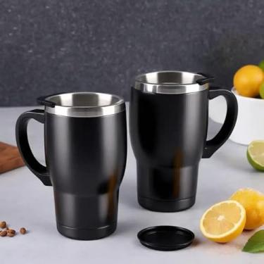 Imagem de Caneca Térmica Parede Dupla em Aço Inox Preta 500ml com Alça Ergonômica - Estilo Liso