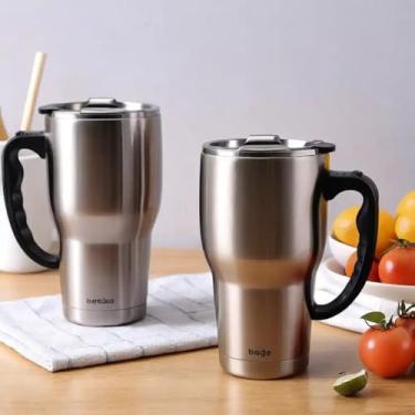 Imagem de Caneca Térmica Parede Dupla em Aço Inox Bege 900ml com Alça Ergonômica - Estilo Esportivo