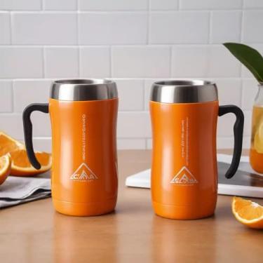 Imagem de Caneca Térmica Parede Dupla em Aço Inox Laranja 800ml com Base Antiderrapante - Estilo Com Logo