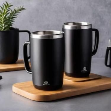 Imagem de Caneca Térmica Parede Dupla em Aço Inox Preta 950ml com Base Antiderrapante - Estilo Minimalista