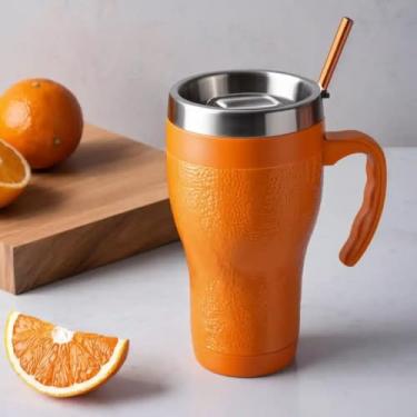 Imagem de Caneca Térmica Parede Dupla em Aço Inox Laranja 750ml com Tampa Flip - Estilo Texturizado