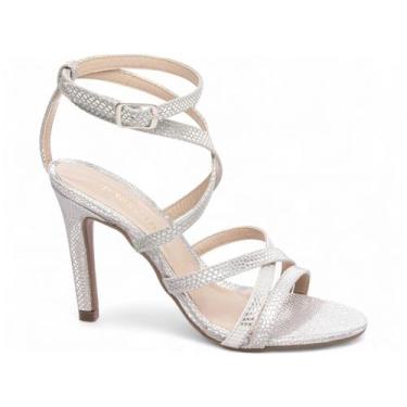 Imagem de Sandália Feminina Revestida em Croco Metalizado Prata Bege - Torricell