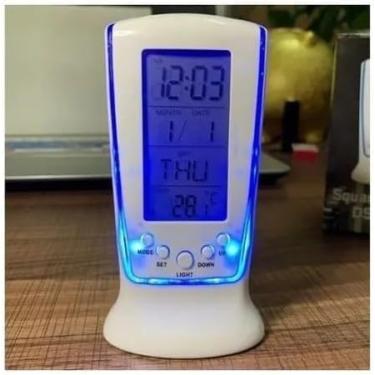 Imagem de Relógio de Mesa Digital com Alarme, Termômetro e Calendário – Display LED Azul, Multifunção, Moderno e Silencioso – Despertador Ideal para Quarto ou Escritório