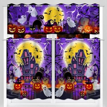 Imagem de Unibyby Cortinas de cozinha de Halloween, conjuntos de cortinas de castelo fantasma assustador para janelas, cortinas de janela assustadoras Jack-O-Lantern sobre pia e sanefas conjunto de 3