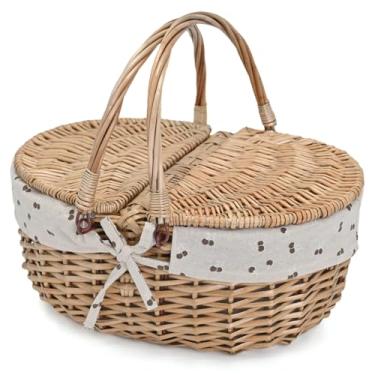 Imagem de Cesta de piquenique de vime com forro removível, cestas de piquenique vazias com tampa, cesto de piquenique com alças dobráveis para piquenique, cereja cinza