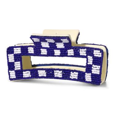 Imagem de Grampo de cabelo de dia de jogo para mulheres com contas quadriculadas beisebol futebol clipes de cabelo roupas dia de jogo esportes fãs de futebol mãe acessórios presentes (azul branco)