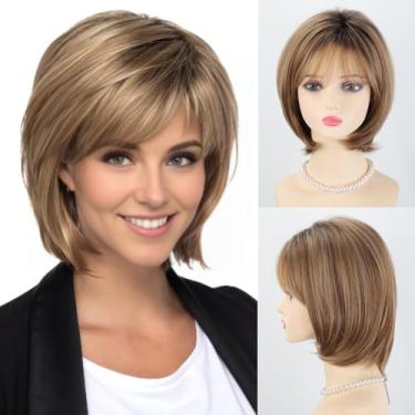 Imagem de RENERSHOW Ombre Blonde Highlight Short Wigs Para Mulheres, Peruca De Cabelo Curto Em Camadas Loiras Mistas Com Franja, Peruca Sintética Natural Fofa