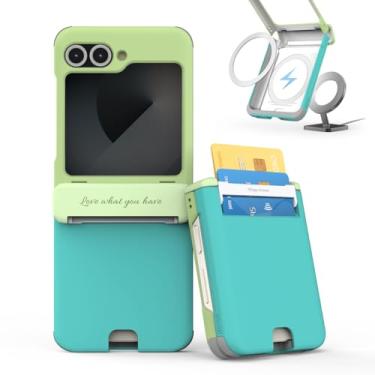 Imagem de VVUPIC Capa para Galaxy Z Flip 6 com compartimento para 2 cartões, capa fina e robusta com dobradiça compatível com Magsafe, proteção total, dobradiça armadura 2024, verde menta