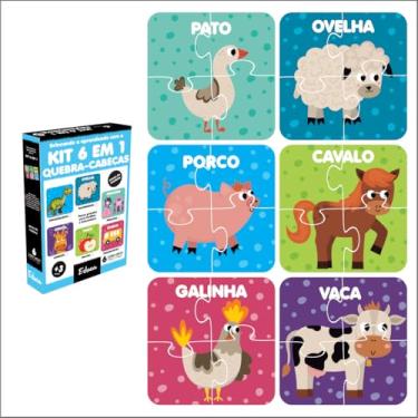 Imagem de Kit 6 Quebra Cabeça Animais Fazendinha Madeira 4 Peças Infantil Pedagógico