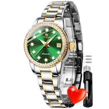 Imagem de OLEVS Relógios femininos com diamantes automáticos mecânicos dourados luxuosos, relógio de pulso de aço inoxidável original com corda automática, 7003: verde, Luxuoso