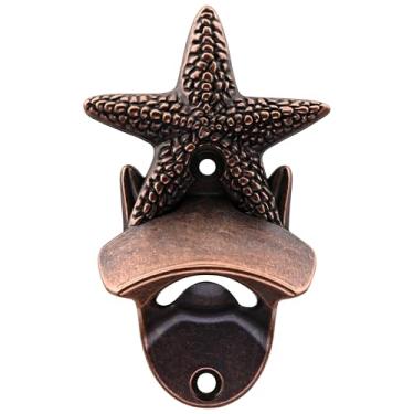 Imagem de Luwanburg Abridor de garrafa antigo montado na parede estrela do mar abridor de tampa de cerveja cobre montável para praia náutica costeira