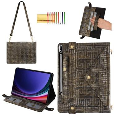 Imagem de Capa de mão para Samsung Galaxy Tab S9 S10 FE 27.7 cm, Tab S9/S8/S7 27.9 cm - Techcircle Vintage Maze Pattern Crossbody Stand Case com suporte para caneta/cartão, alça de mão/ombro, bronze retrô