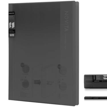 Imagem de Kokuyo Fichário de 20 bolsos com mangas de plástico 21,6 cm x 28 cm (preto), pasta de portfólio de arte expansível com letras A4 e US com protetores de folha transparentes. 40 páginas de livro de