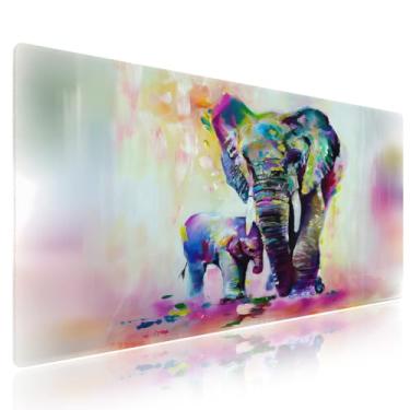 Imagem de Knseva. Tapete de mouse estendido XXL (80 cm x 40 cm) - Pintura a óleo de elefante indiano colorido vintage abstrato, arte em aquarela, acessórios de escritório extragrande, tapete de mesa para jogos