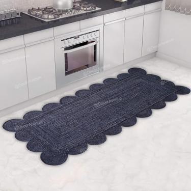 Imagem de DecorAvenue Tapete de área de juta trançado feito à mão com padrão recortado tapete ecológico para sala de estar quarto corredor entrada (azul marinho, 75 x 420 cm / 2'15.2 cm x 14 pés/forma de