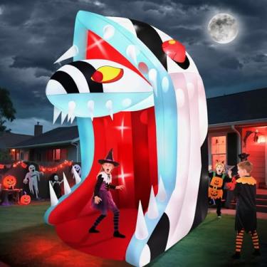 Imagem de Kalolary Cabeça de cobra inflável de Halloween de 3 m com luz LED, boca aberta e dentes afiados, arco inflável de Halloween para casa