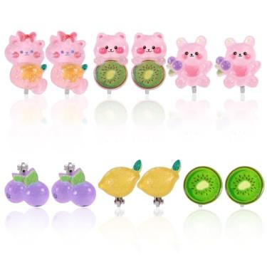 Imagem de 6 Pares Brincos Pressão para Meninas, Conjunto Brincos de Pressão para Crianças Sem Piercing Estilo Gato Limão Colorido Joia Sem Piercing Presente