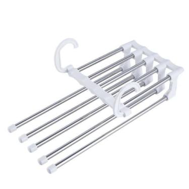 Imagem de Cabide Multifuncional 5 Divisórias Retrátil Inox – Organizador Vertical Horizontal que Economiza Espaço no Guarda-Roupa – Ideal para Calças, Bermudas, Saias, Gravatas (Branco)