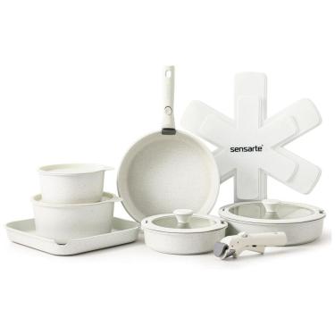 Imagem de Jogo de Panelas e Frigideiras Antiaderentes, Material em Alumínio com 17 Peças e Cabo Removível, SENSARTE, Branco