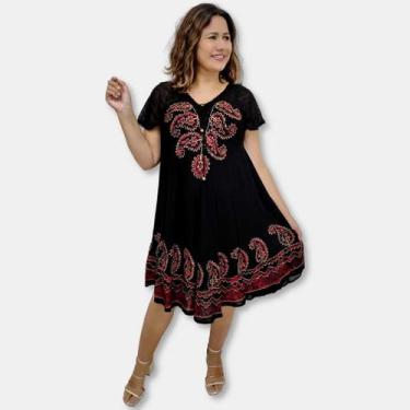 Imagem de Vestido Trapézio Manga Curta Batik Bordado Plus Size cordão - Sarat Mo