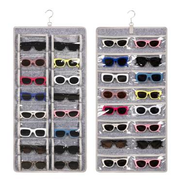 Imagem de Estojo organizador de óculos de sol dupla face, suporte de óculos de parede com 32 compartimentos transparentes e gancho de metal, estojo de armazenamento de óculos de sol à prova de poeira