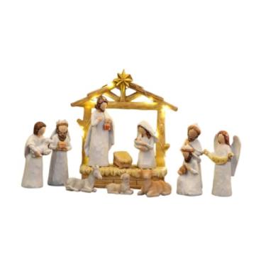 Imagem de Bothyi Presépios de Natal com luzes LED, decoração religiosa, mini presépio, conjunto para decoração de interiores e exteriores, festa de Natal, Branco