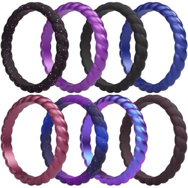 Imagem de ThunderFit Alianças de casamento de silicone trançadas finas para mulheres, anéis de noivado de borracha de 3,5 mm de largura e 2 mm de espessura - 1/4/8/10/12/16 pacote variado, 7.5 - 8 (18.2mm