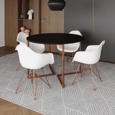 Imagem de Mesa Industrial Jantar Preta 110Cm Redonda Base V Com 4 Poltronas Bran