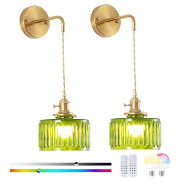 Imagem de Rnzziw Arandela de parede vintage com corrente ajustável de vidro sombreado verde listrado, luz de parede dourada retrô, luminária de parede recarregável, decoração para cabeceira, quarto, porta